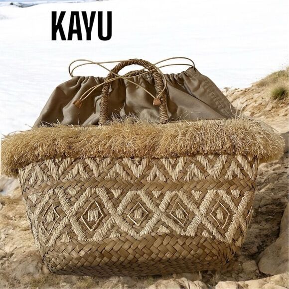KAYU Women's Handwoven Natural Straw Basket Fully Lined Tote Drawstring Closure - Picture 5 of 12